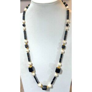 Vintage Crown Trifari White Black Gold Tone Round Square Bead Necklace